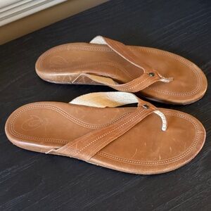 OLUKAI Brown Leather Flip Flops
